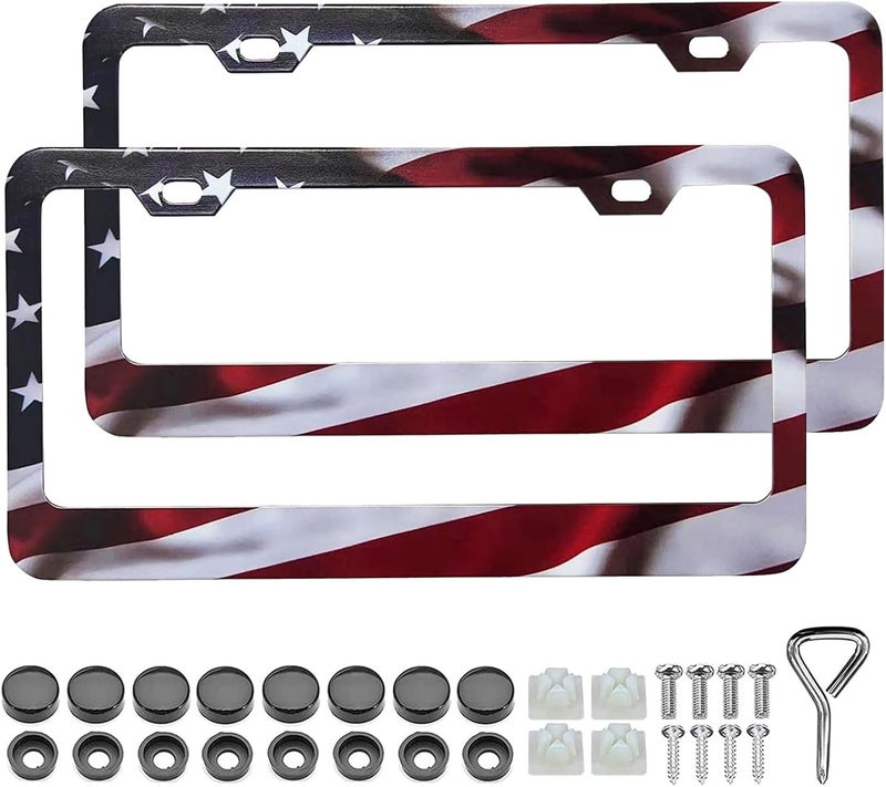 LIN KANG Patriotic American Flag License Plate Frame Holder - 2 Pack Universal Aluminum Matte Stripe US Flag Gloss Car Plate Frame Covers with 2 Holes and Free Screws Fasteners Caps - Image 1